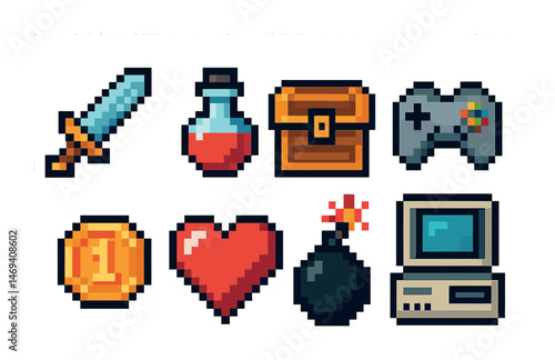 Gaming and adventure pixel art icons set – 8-bit, retro, game design graphics