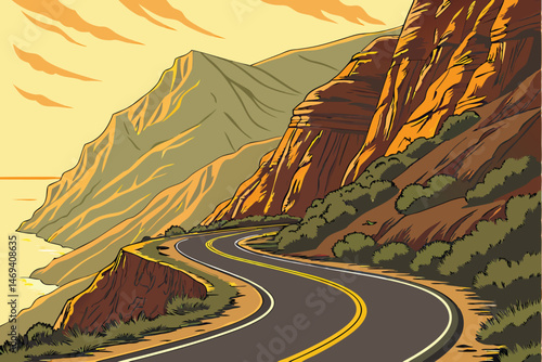 5 detailed, winding road through mountainous, rugged terrain, sharp curves, double yellow lines, scenic landscape, dramatic lighting, vibrant colors, cinematic, hyperrealistic