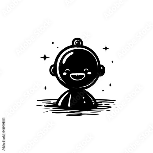 Whimsical Monochrome Illustration: A Cartoon Figure Emerging from Sparkling Waters