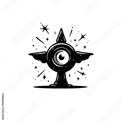 Monochrome surrealistic creature with all-seeing eye and cosmic sparkles emblem