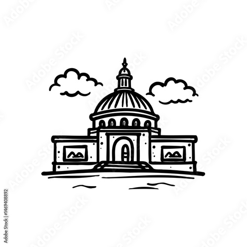 Minimalist sketch of a domed building with clouds evoking governmental structure