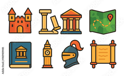 Historical landmarks icons set – outline, museum, architecture and heritage symbols