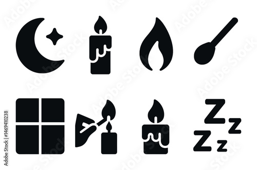 Sleep and relaxation solid icons set – filled, silhouette, bedtime and candle symbols