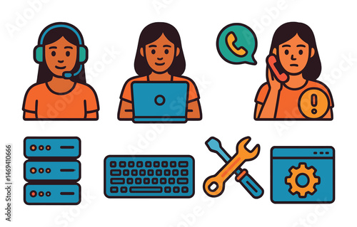 Customer support icons set – solid, tools, call center symbols for tech assistance