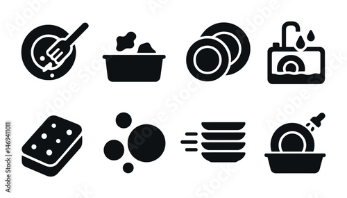 Dishwashing silhouette icons set – kitchen cleaning, hygiene tools for homes
