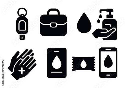 Hygiene and sanitization solid icons set – filled, clean, hand washing symbols