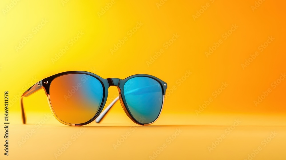 A pair of trendy sunglasses sits on a vibrant orange background, showcasing colorful reflections, perfect for summer fashion and outdoor activities by the beach or pool. A pair of trendy sunglasses sits on a vibrant orange background, showcasing colorful reflections, perfect for summer fashion and outdoor activities by the beach or pool.