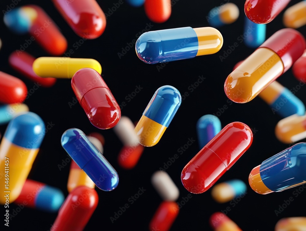 Colorful capsules floating on a black background Colorful capsules floating on a black background