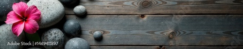 Polished grey stones, vibrant flower, weathered wood backdrop , grey, beauty