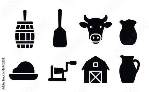 Dairy and farming silhouette icons set – solid, filled, rural and agriculture symbols