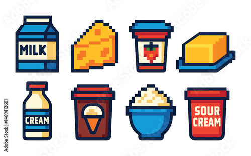Dairy products pixel art icons set – milk, cheese, food and beverage symbols