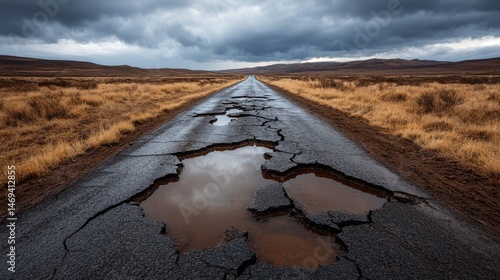 A view of a deteriorating road with noticeable cracks and puddles, capturing the contrast of nature's beauty and the effects of time on human landscapes in a poignant manner.