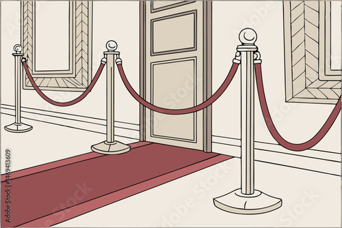 10 chrome stanchions, red velvet ropes, ceremonial event, formal gathering, VIP entrance, exclusivity, luxury, premium experience, high-end decor, ornate design, polished metal, plush textiles, elegan