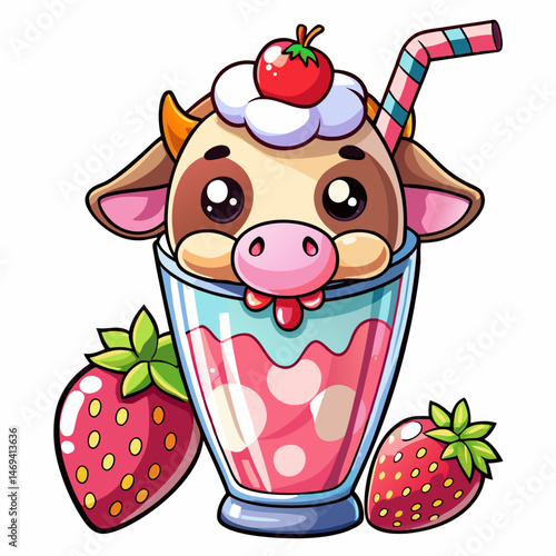A cute cartoon cow popping out of a tall strawberry milkshake glass, vector isolated on white background