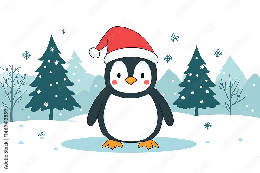 Cute penguin in santa hat on snowy landscape. Cute penguin in santa hat on snowy landscape.