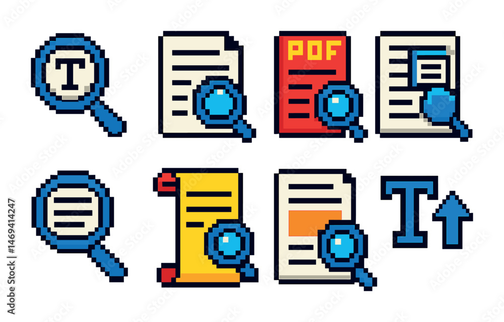 Document management pixel art icons set – digital, file organization, magnifying Document management pixel art icons set – digital, file organization, magnifying