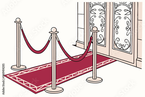 10 chrome stanchions, red velvet ropes, ceremonial event, formal gathering, VIP entrance, exclusivity, luxury, premium experience, high-end decor, ornate design, polished metal, plush textiles, elegan