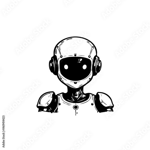 Monochrome depiction of a stylized robot character with unique design elements