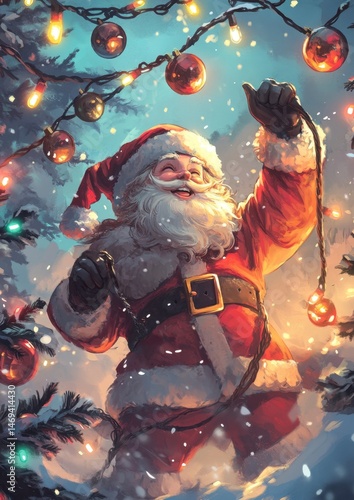 Cheerful Santa Claus Decorating a Festive Christmas Tree Outdoors