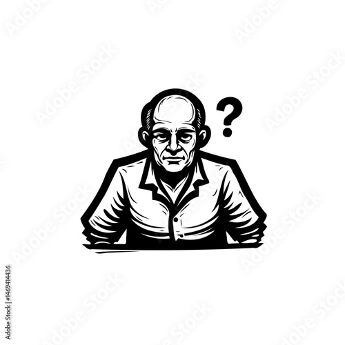 Monochrome depiction of a puzzled senior man with a question mark symbol