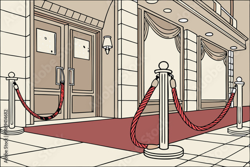 10 chrome stanchions, red velvet ropes, ceremonial event, formal gathering, VIP entrance, exclusivity, luxury, premium experience, high-end decor, ornate design, polished metal, plush textiles, elegan