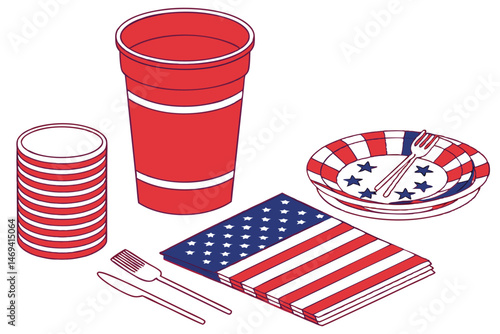11 red plastic party cup, stack of disposable cups, disposable tableware, party supplies, plastic dishware, patriotic color scheme, american flag pattern, striped design, disposable dining utensils, p