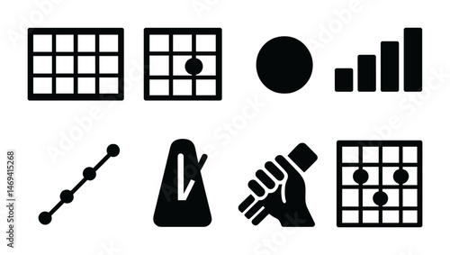Music and guitar chord solid icons set – filled, metronome, musical symbols