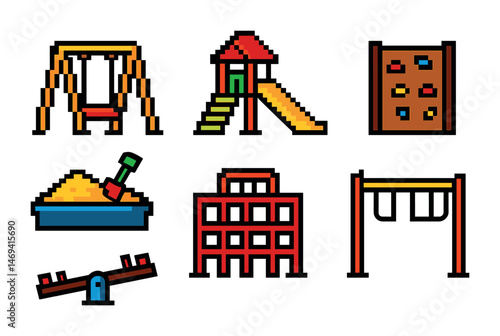 Playground pixel art icons set – flat, colorful, leisure and recreation symbols