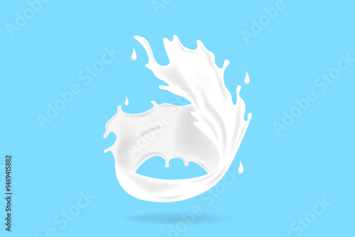 Curved Milk Splash – White Liquid Swirl with Droplets on Blue Background