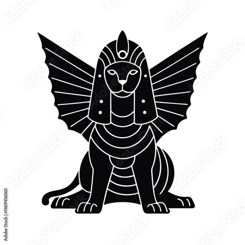 Sleek black and white illustration depicting an ancient egyptian winged sphinx silhouette with simplified artistic elements