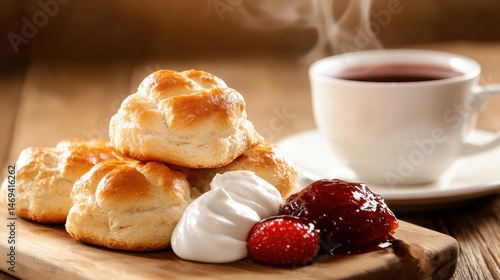 Wallpaper Mural A beautiful arrangement of fluffy scones paired with fresh strawberries, whipped cream, and jam, alongside a steaming cup of tea, creating a cozy atmosphere. Torontodigital.ca