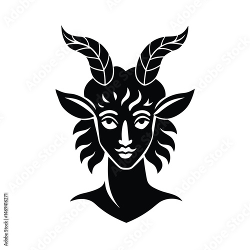 Elegant black and white illustration of a mythological satyr featuring leaf antlers and detailed facial features