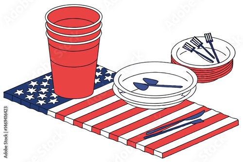 11 red plastic party cup, stack of disposable cups, disposable tableware, party supplies, plastic dishware, patriotic color scheme, american flag pattern, striped design, disposable dining utensils, p