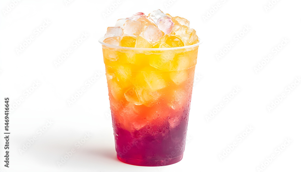Colorful drink served in a plain, transparent 14 oz plastic cup with a neat pile of clear ice cubes on top, evoking a refreshing and indulgent feel Colorful drink served in a plain, transparent 14 oz plastic cup with a neat pile of clear ice cubes on top, evoking a refreshing and indulgent feel
