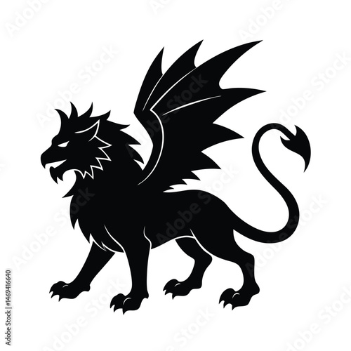 Silhouette illustration of a majestic winged griffin creature standing proudly against a clean white background