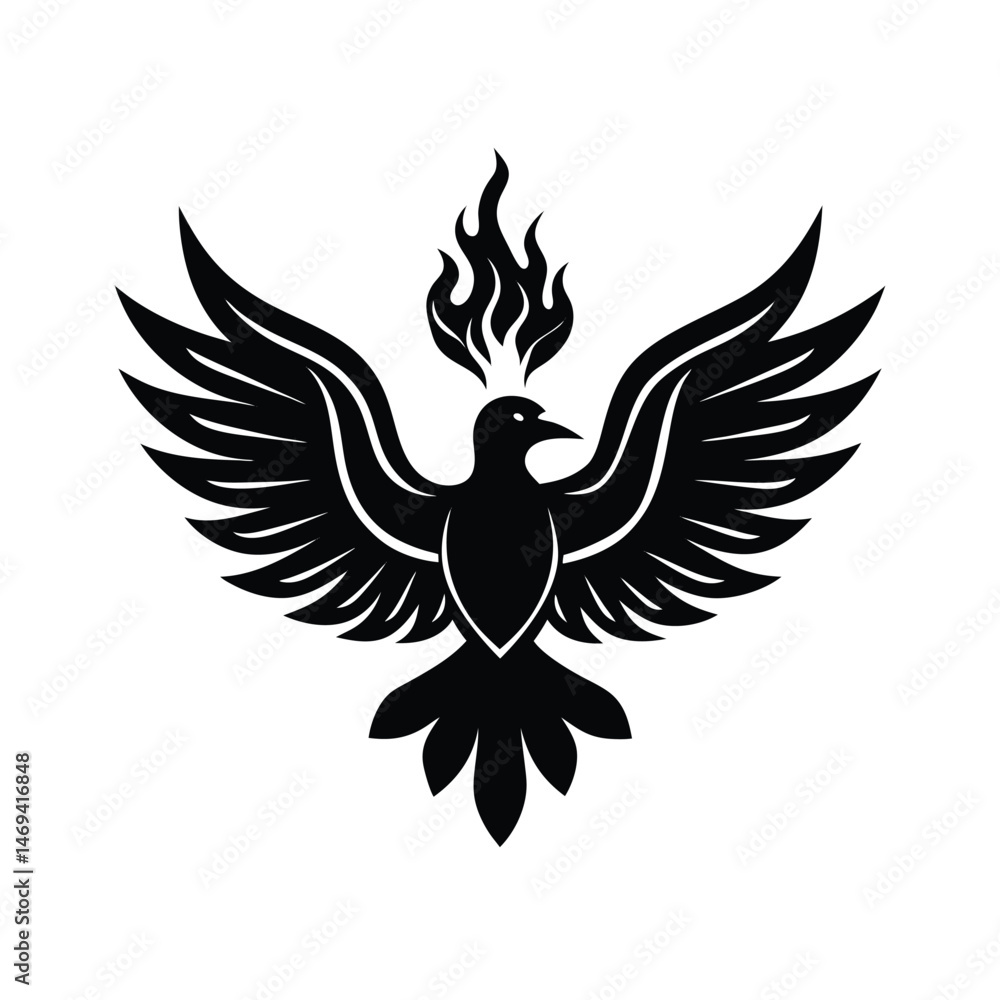 Fototapeta premium A symbol of rebirth and transformation features a black phoenix with outstretched wings and flames