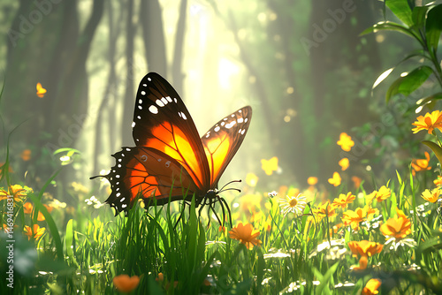Vibrant Monarch Butterfly Perched on Flowers in a Lush Green Forest with Soft Light