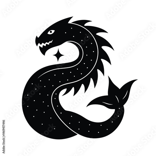 A stylized black silhouette illustration of a sea serpent or dragon with detailed scales and fins against a white background.