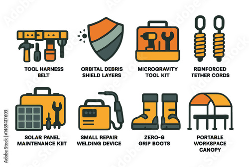 Tools and equipment icons set – solid, filled, maintenance and repair symbols