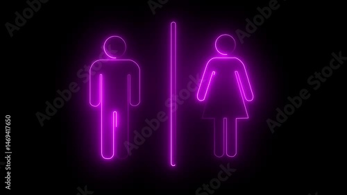 Glowing neon female and male icons. a lady and a man toilet sign animation background.