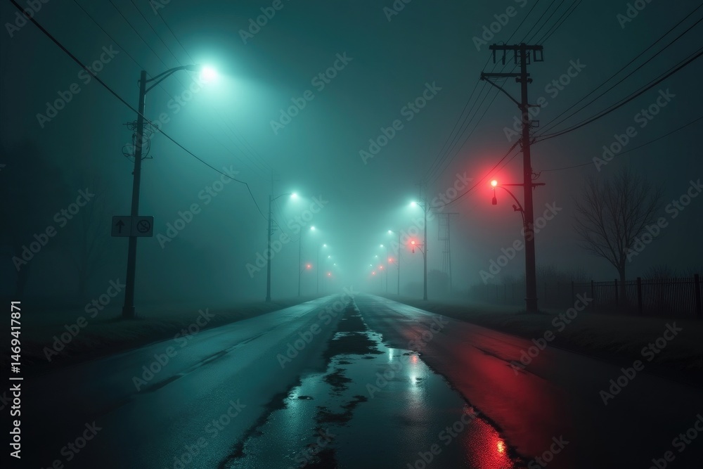 Futuristic Street in Fog with Glowing Signs and Reflective Puddles