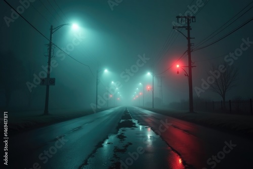 Obraz na płótnie Futuristic Street in Fog with Glowing Signs and Reflective Puddles w salonie