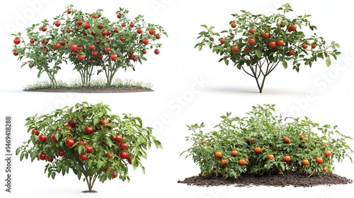 Four computer-generated images of tomato plants, various sizes, full of fruit