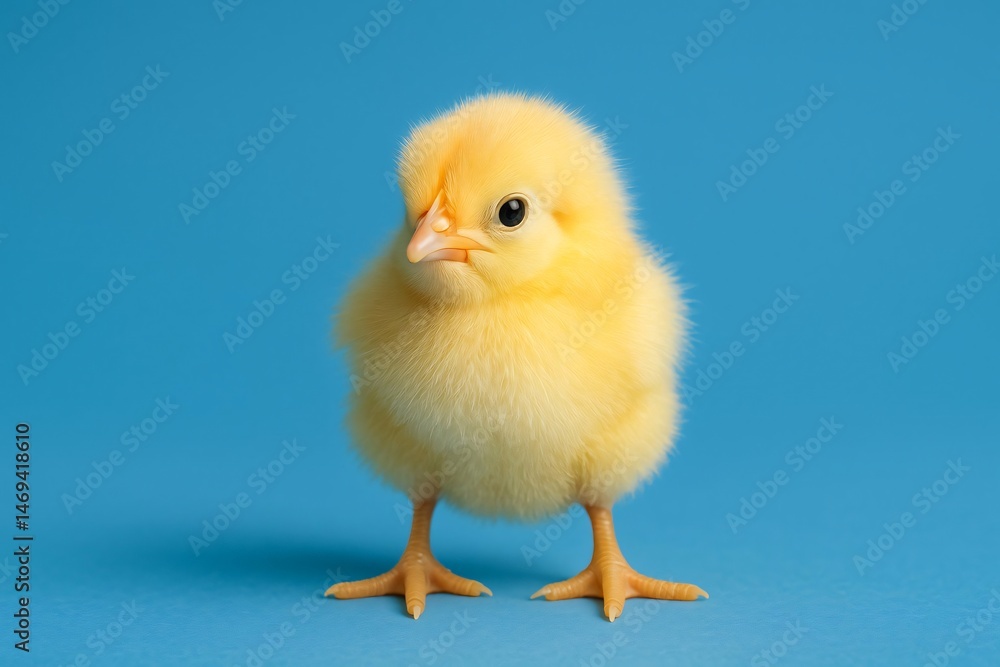 Cute Fluffy Yellow Baby Chick Standing on Blue Background Cute Fluffy Yellow Baby Chick Standing on Blue Background