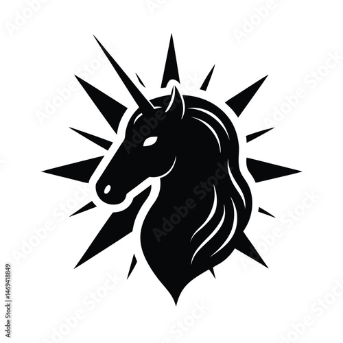Elegant black unicorn head logo design with starburst elements suitable for fantasy brands and mystical concepts