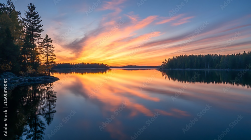 Obraz premium Sunset Lake Reflection with Calm Nature. (1)