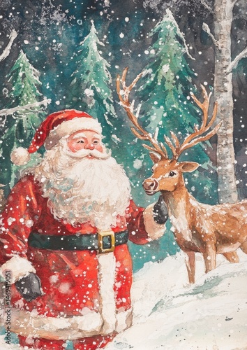 Cheerful Santa Claus with Reindeer in Winter Wonderland Scene