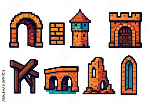 Medieval architecture pixel art icons set – castle, fortress, historical landmarks