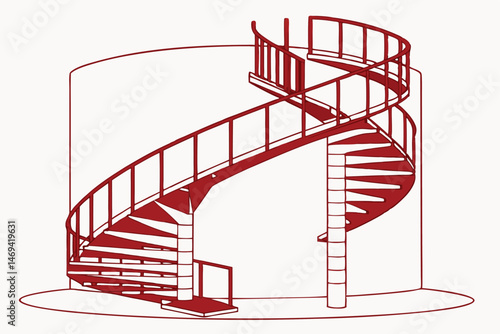13 red, spiral staircase, modern, industrial, architectural, clean lines, minimalist, isolated, white background