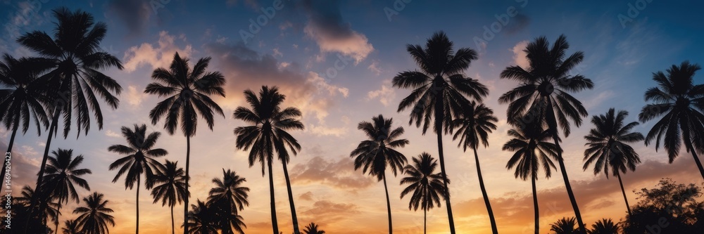 Silhouetted Palm Trees in Blue and Brown Sunset Glow
